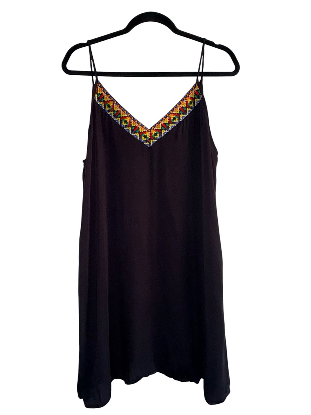SHEIN Black Slip Dress with Multicolor Embroidered V-Neck